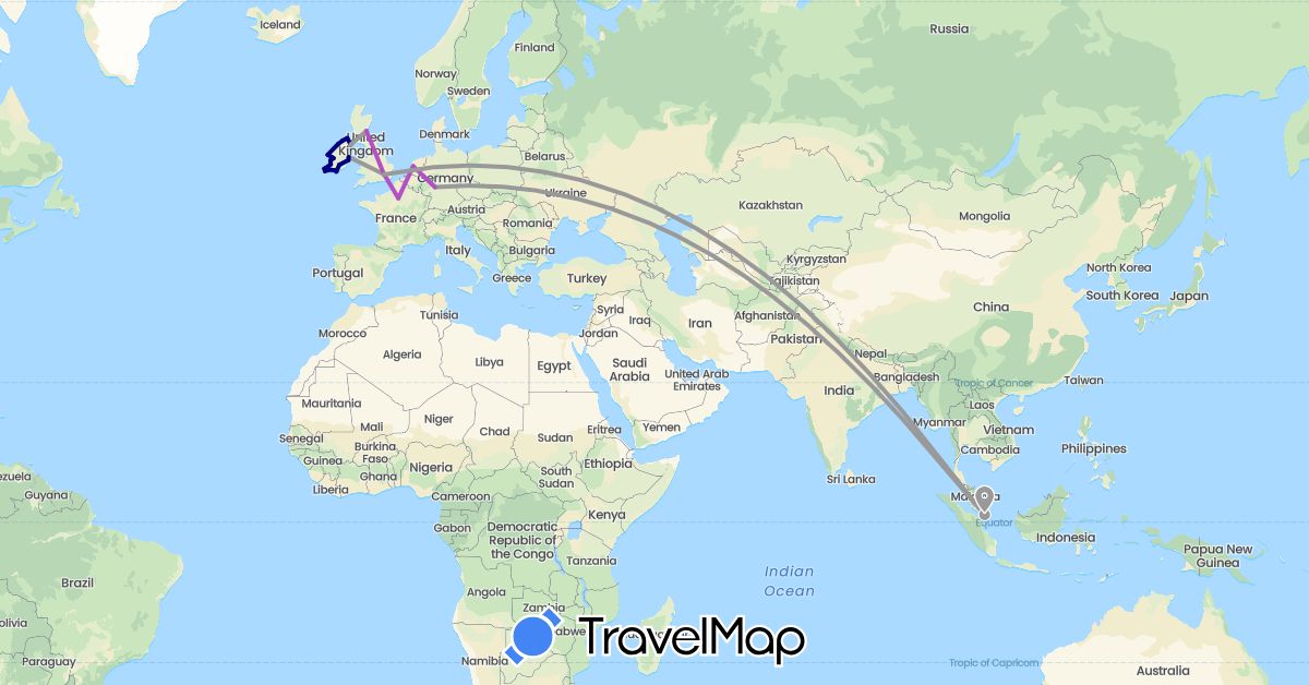 TravelMap itinerary: driving, plane, train in Germany, France, United Kingdom, Ireland, Netherlands, Singapore (Asia, Europe)